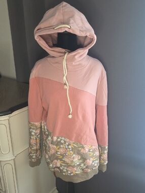 Pink Colorblock Floral Hoodie with Drawstring Hood